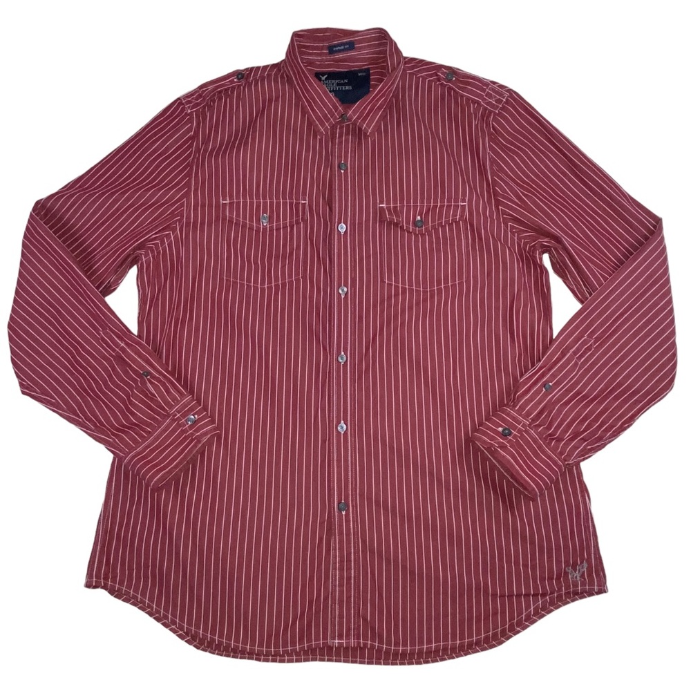 AMERICAN EAGLE Men’s XL Vintage Fit Red White Stripe Button Down Shirt - Picture 8 of 12
